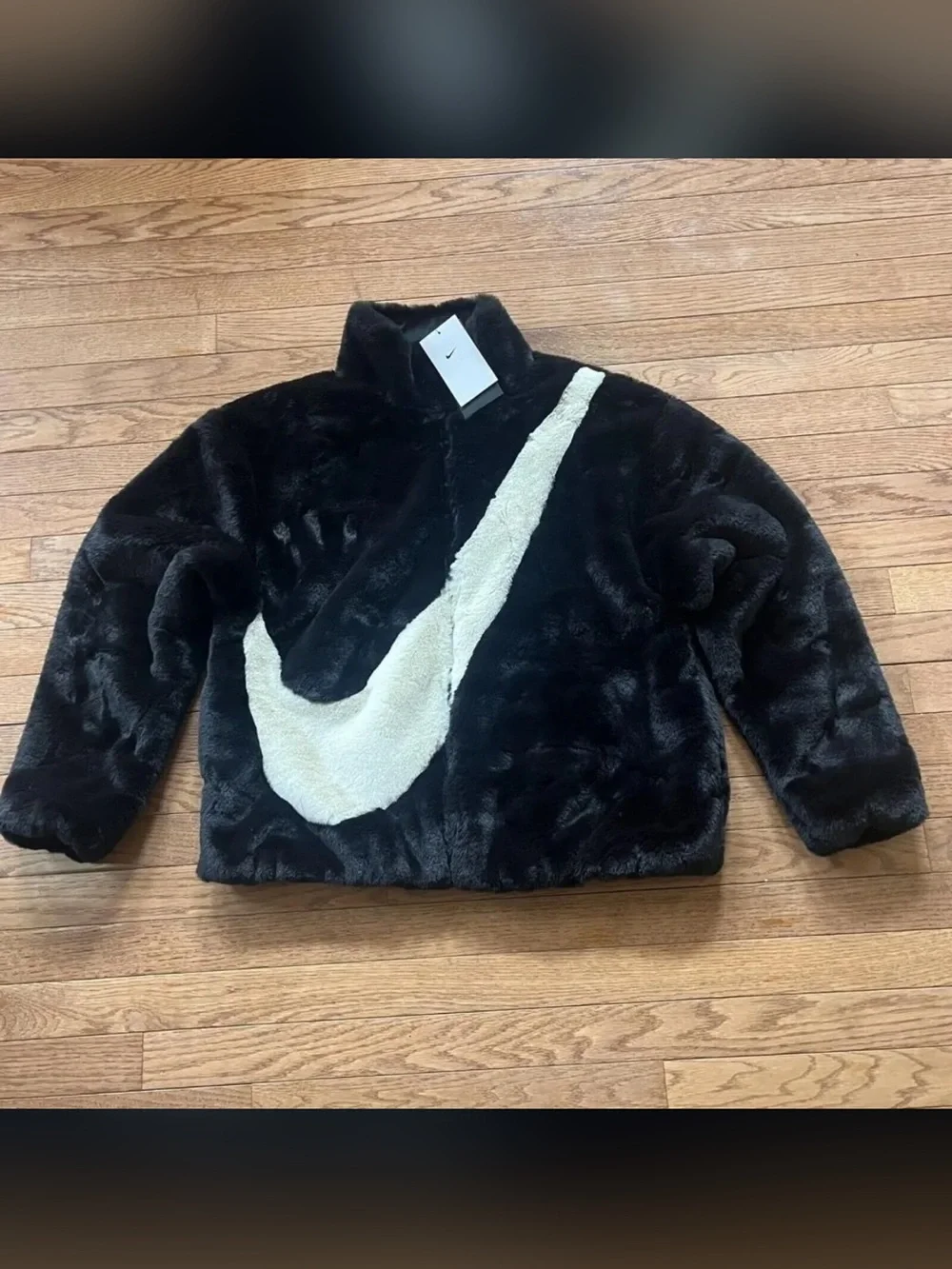 Nike Woman Black Faux Fur Jacket with White Swoosh